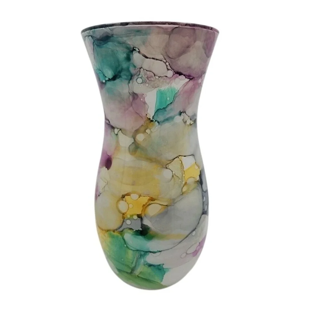 Unique Art Glass Vase Swirls Purple Green Yellow Abstract Design Accent‎ Decor